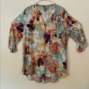 Floral V-Neck Teal and Rose Colored Tunic Blouse